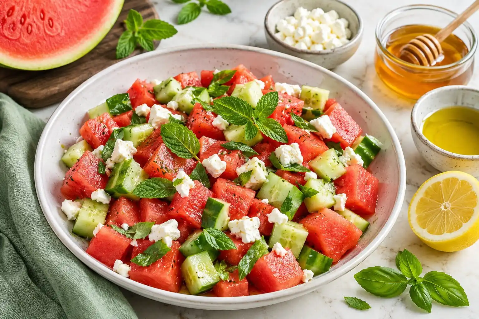 Salade pastèque concombre feta méditerranéenne