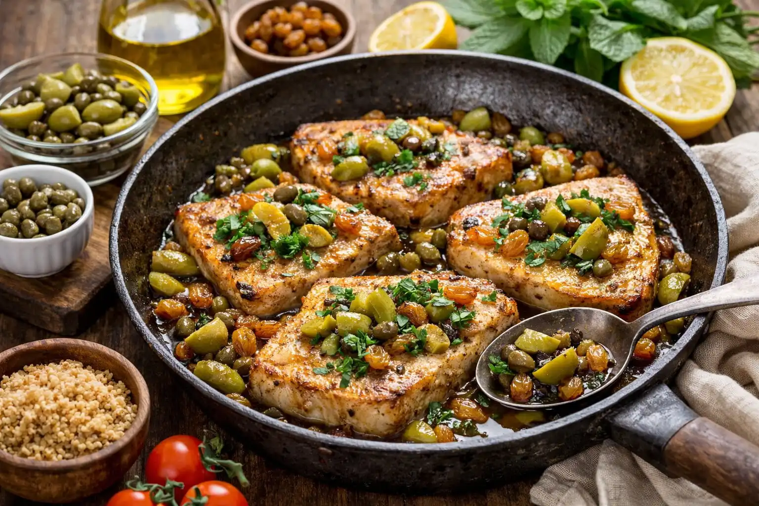 Espadon à la sicilienne aux olives, câpres et raisins