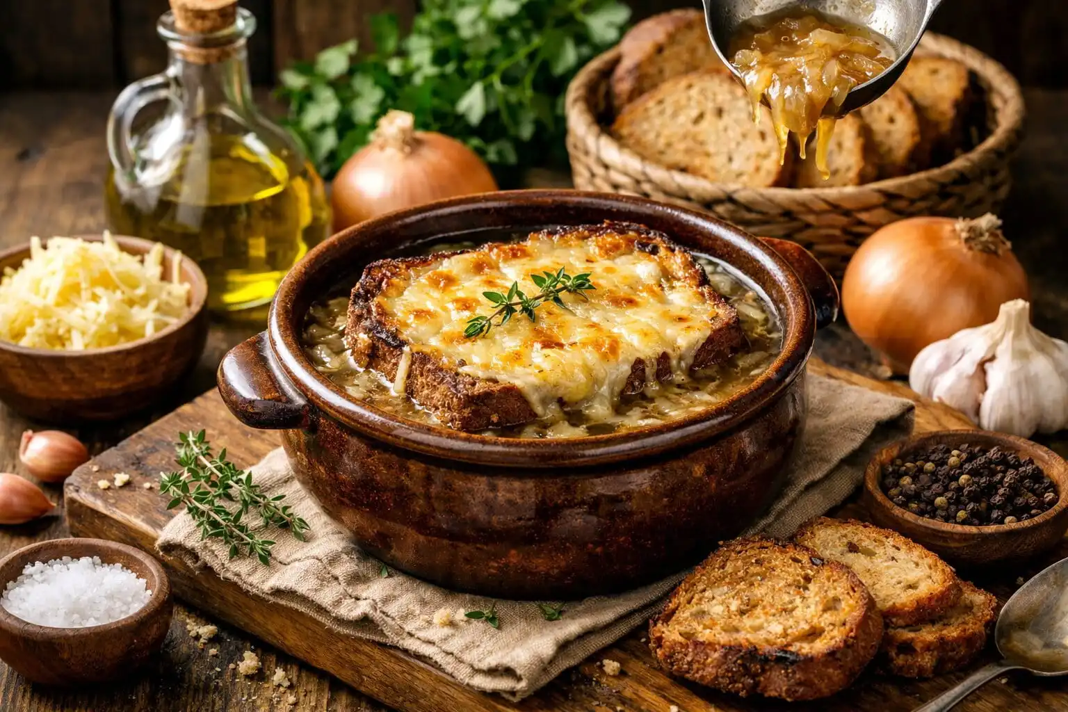 Soupe à l’oignon méditerranéenne saine et réconfortante