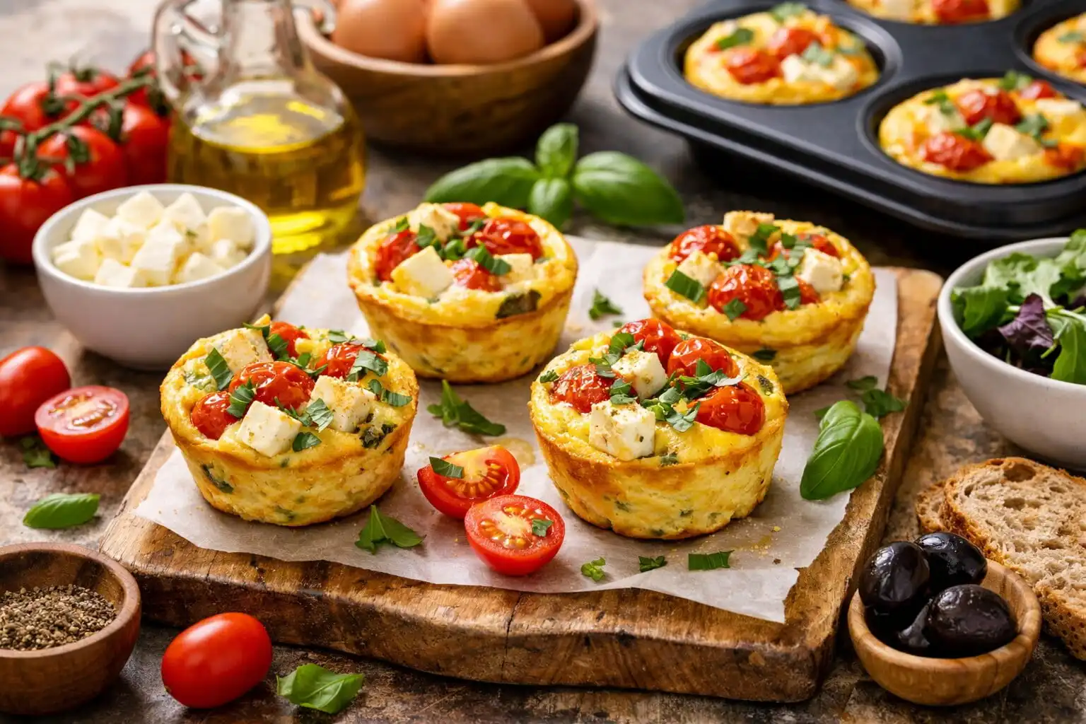 Muffins méditerranéens aux œufs, feta et tomates cerises