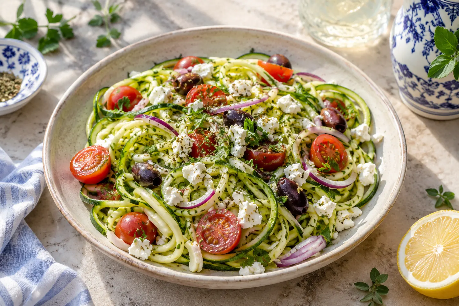 Spaghettis de courgette à la grecque : recette facile