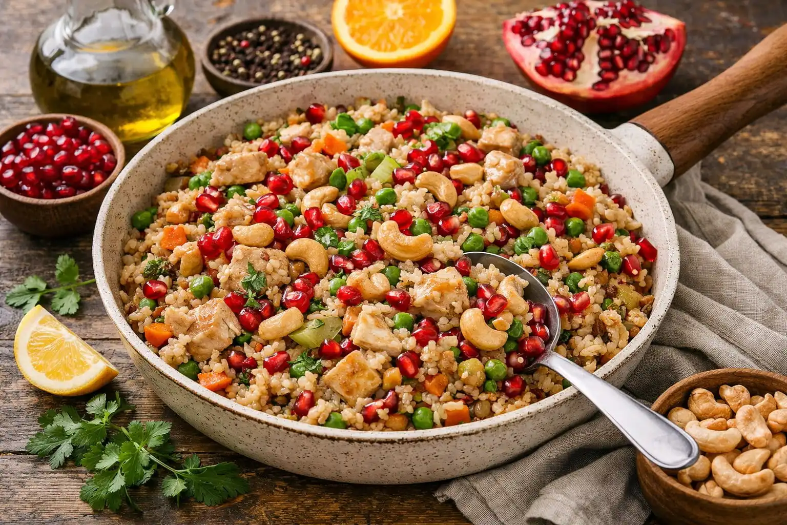 Riz brun méditerranéen sucré salé à la grenade