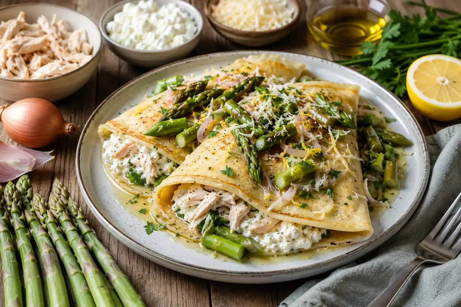 Crêpes salées aux asperges, poulet et fromage