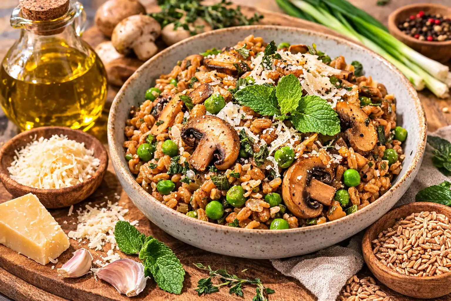 Épeautre méditerranéen aux champignons et petits pois