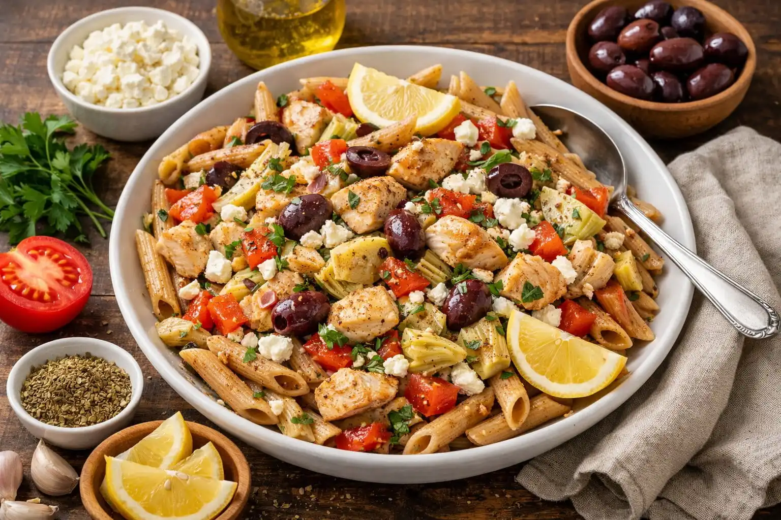 Pâtes au poulet à la grecque (recette méditerranéenne)