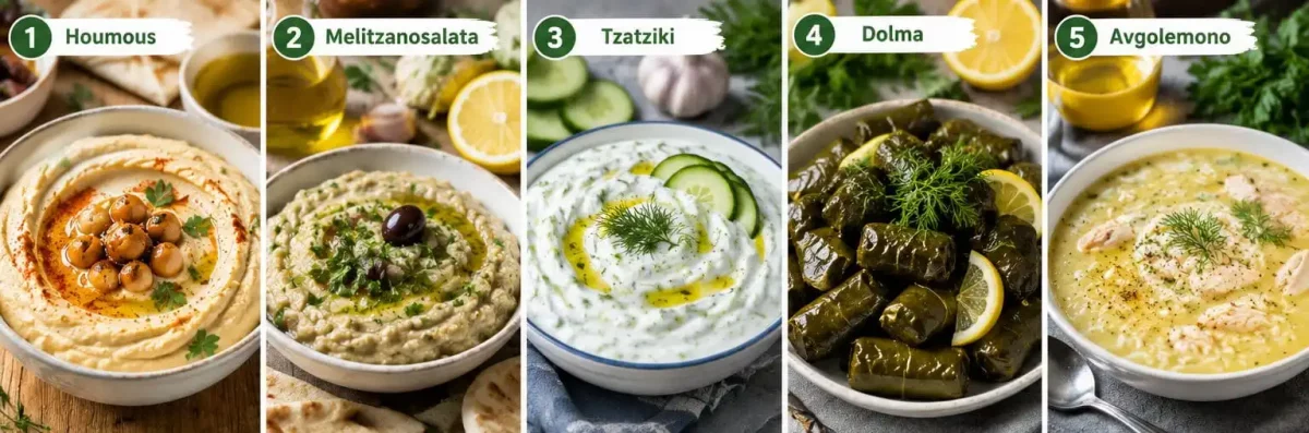 Houmous-Melitzanosalata-Tzatziki-Dolma-Avgolemono