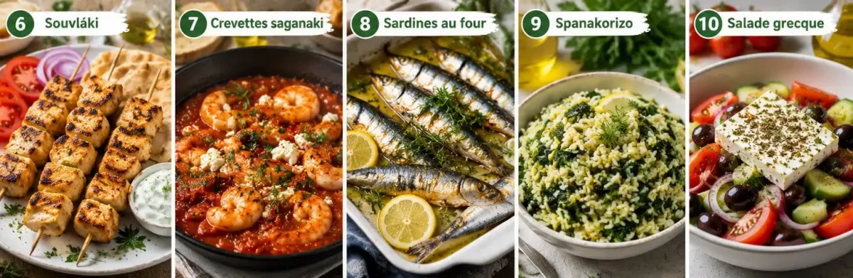 Souvláki-Crevettes-saganaki-Sardines-au-four-Spanakorizo-Salade-grecque