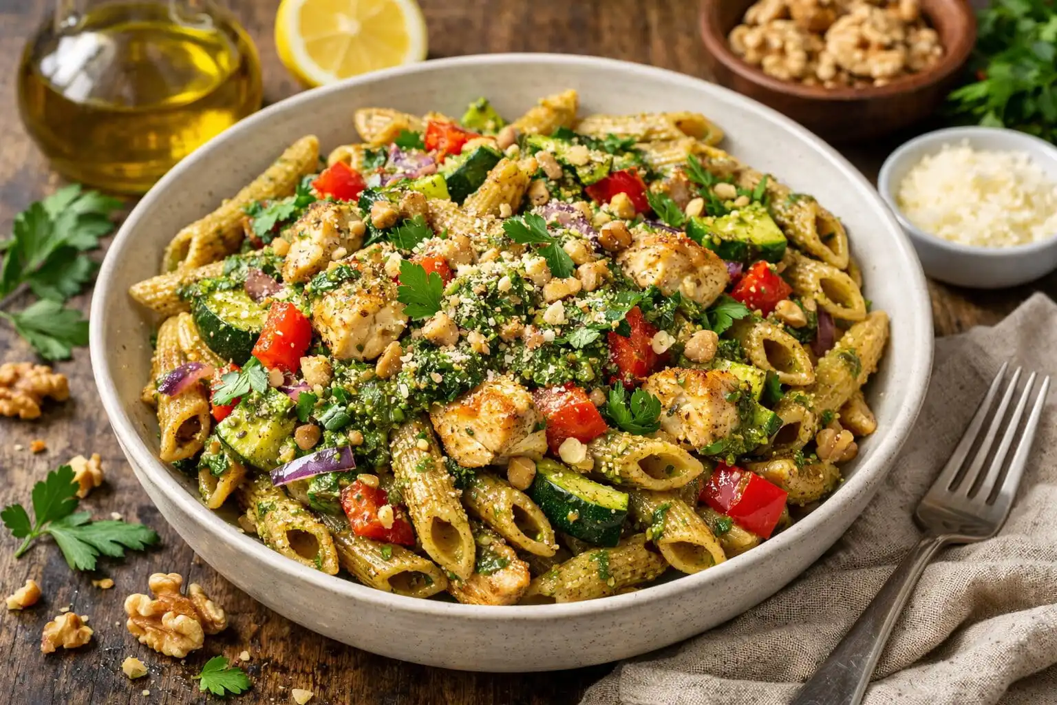 Penne poulet légumes au pesto persil noix