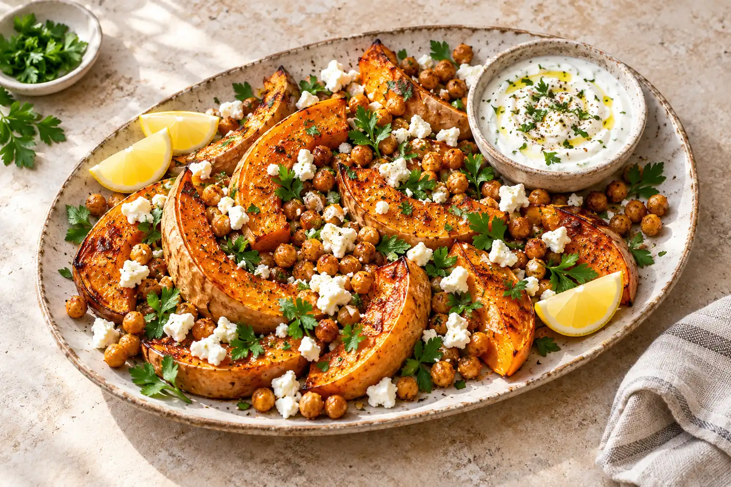 Courge butternut rôtie aux pois chiches et feta