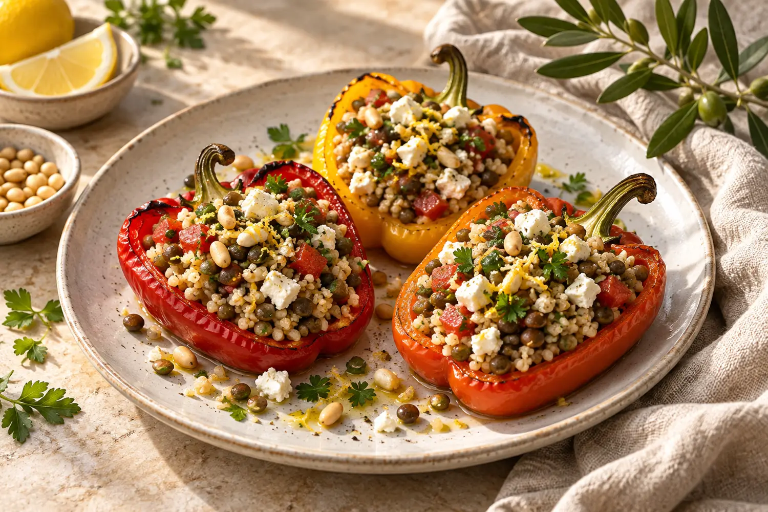 Poivrons farcis aux lentilles, boulgour et feta : recette au four